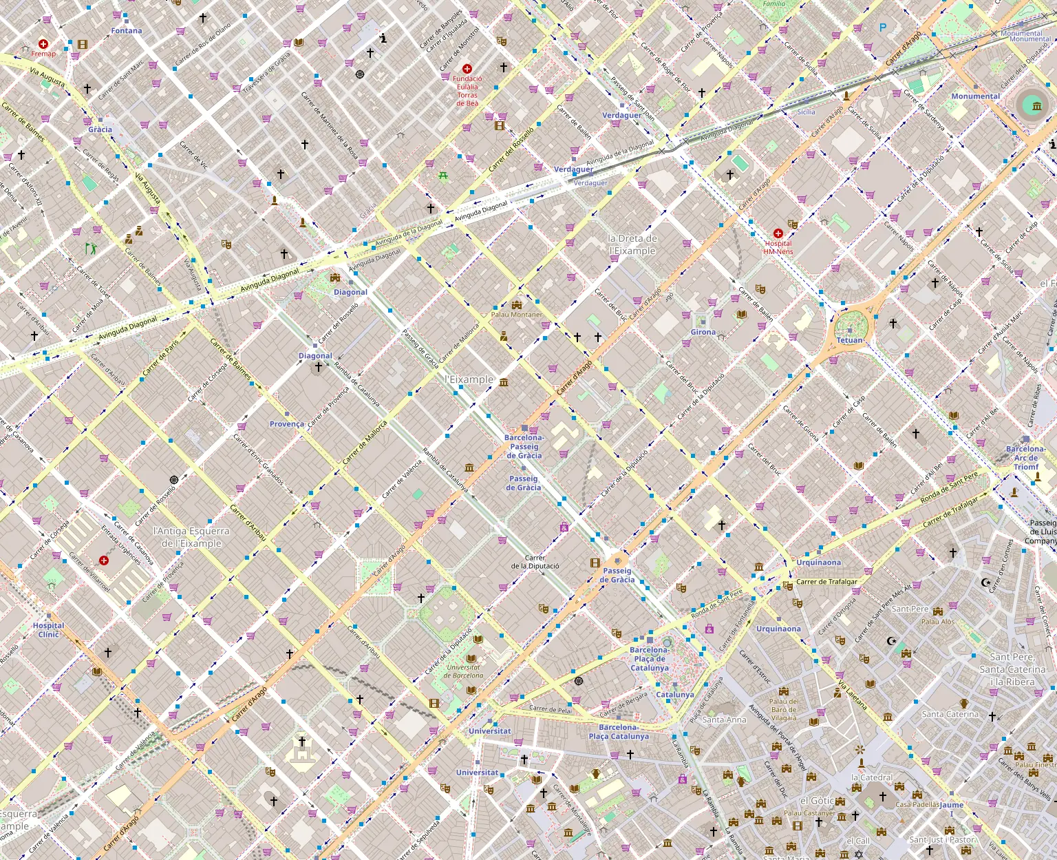 Map: Diagonal metro, Casa Milà, Casa Batlló, Passeig de Gràcia and Plaça Catalunya